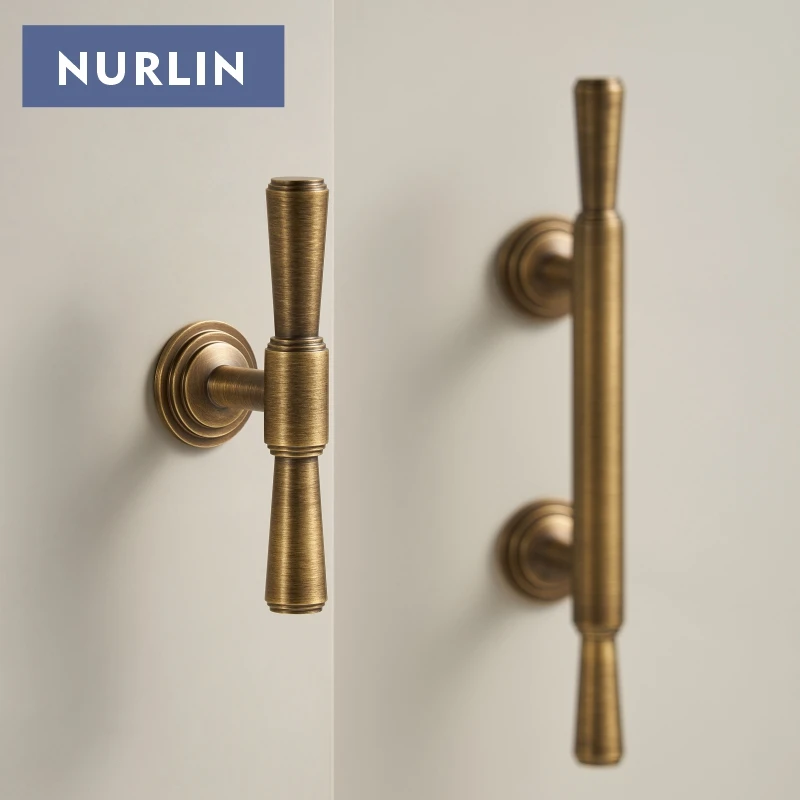 Nurlin Solid Brass Vintage Brushed Antique Bronze Wardrobe Kitchen Drawer Cabinet Handle Luxurious T-bar Multiple Sizes