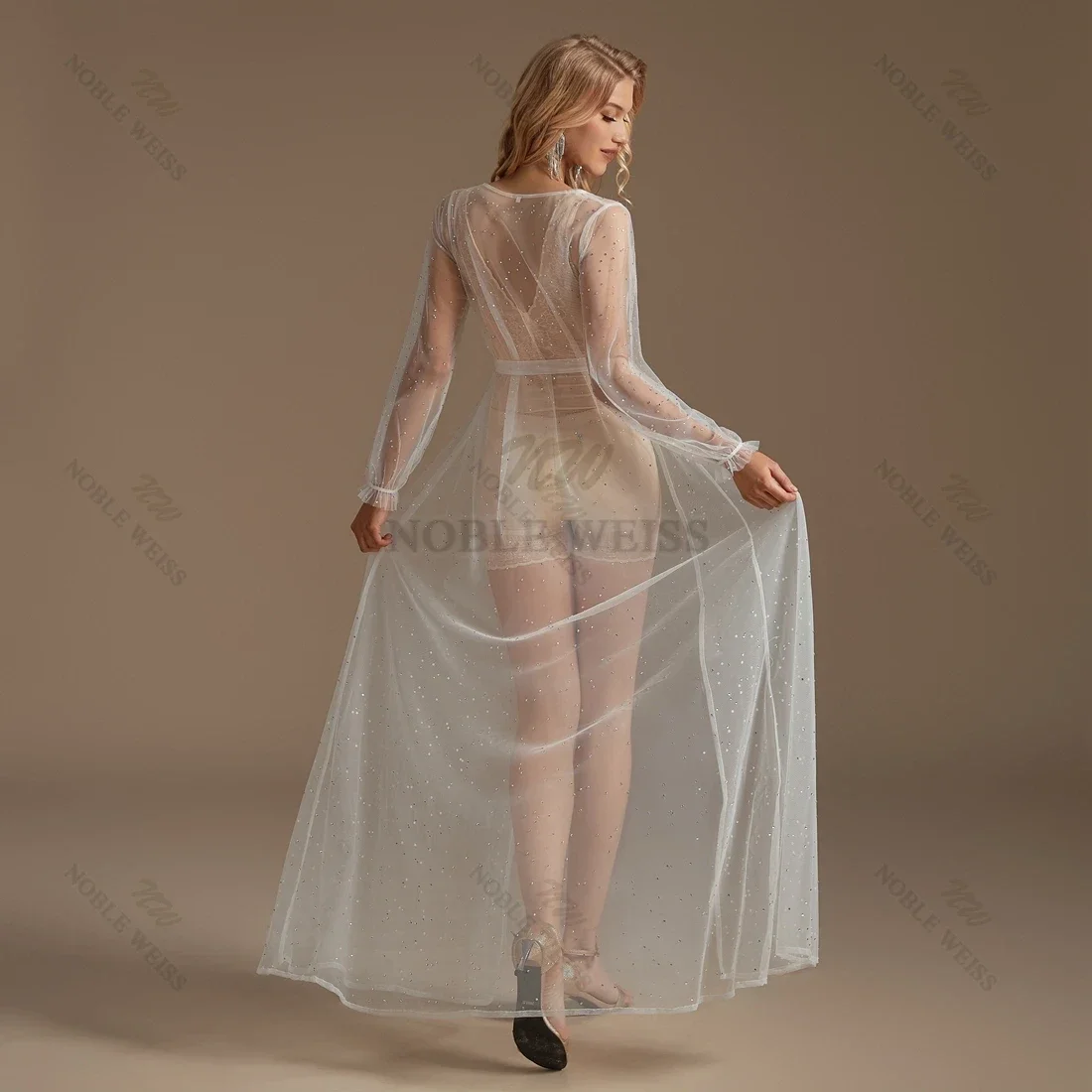 Crystal Beaded Wedding Jacket Tulle Long Sleeve Robe Party Shawl BOLERO Floor-Length Bridal Cape Sexy Long Coat Customized