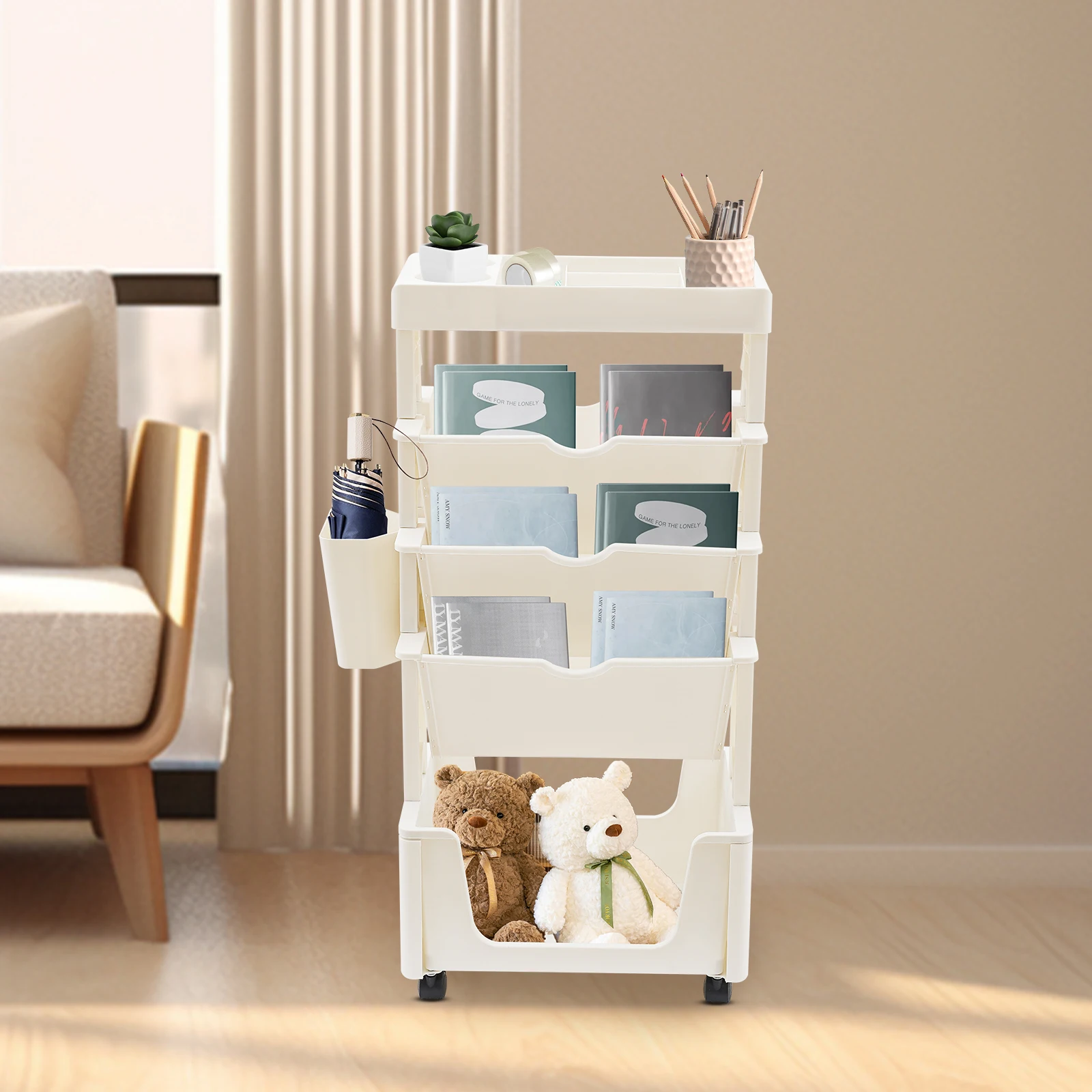 

Storage Bookshelf Book Rack Movable Unique Bookcase Table Side Storages Basket Storage Racks