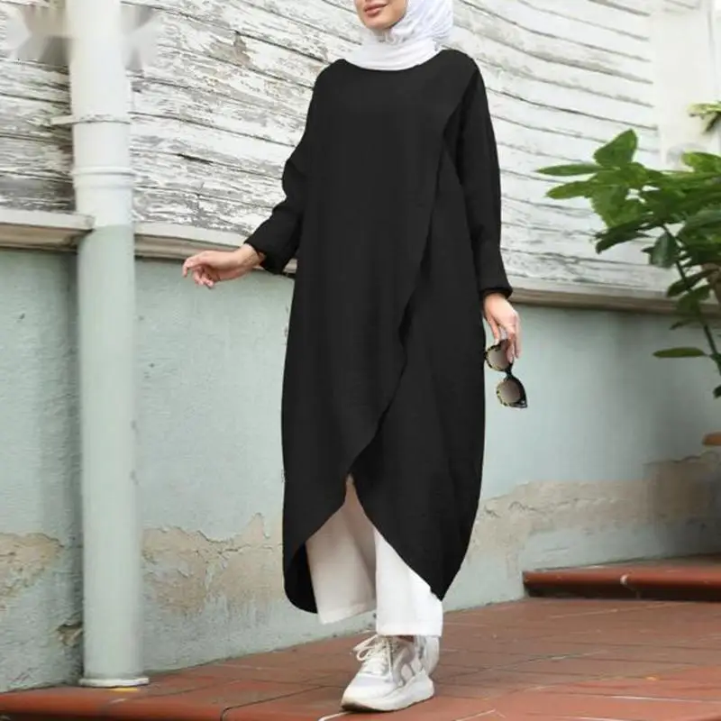 

Middle East Dubai Women Dresses Islam Ramadan Simple Solid Color Femme Tops Muslim New Loose Casual Long Sleeve Lady Dresses