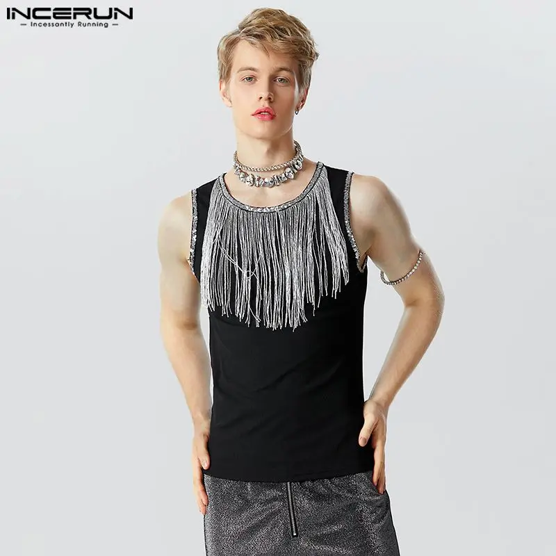 INCERUN Tops 2023 American Style New Men\'s Flash Fabric Tassel Design Tank Tops Casual Well Fitting Male Hot Selling Vests S-5XL