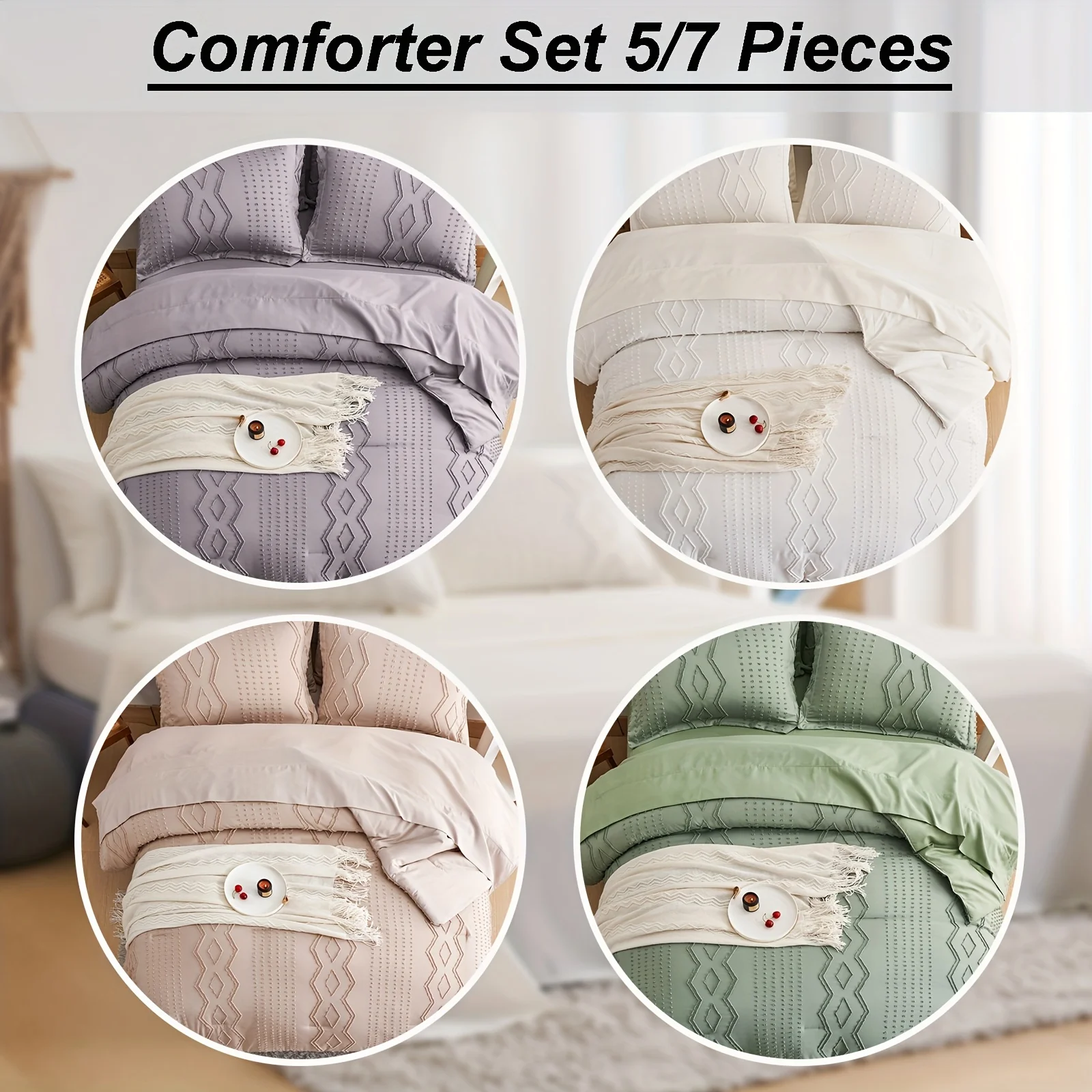 5/7pcs Boho Comforter Sets, Geometric Textured Tufted Bed Set, Twin/Full/Queen/King Size Bed in A Bag, Soft Microfiber Lightweight bedding for All Season