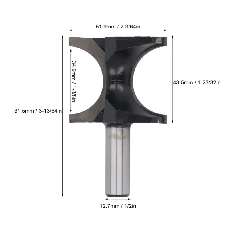 Bullnose Router Bit 1/2in Shank 1 3/8in Bead Diameter Tungsten Steel Alloy Half Round Milling Cutter For Woodworking