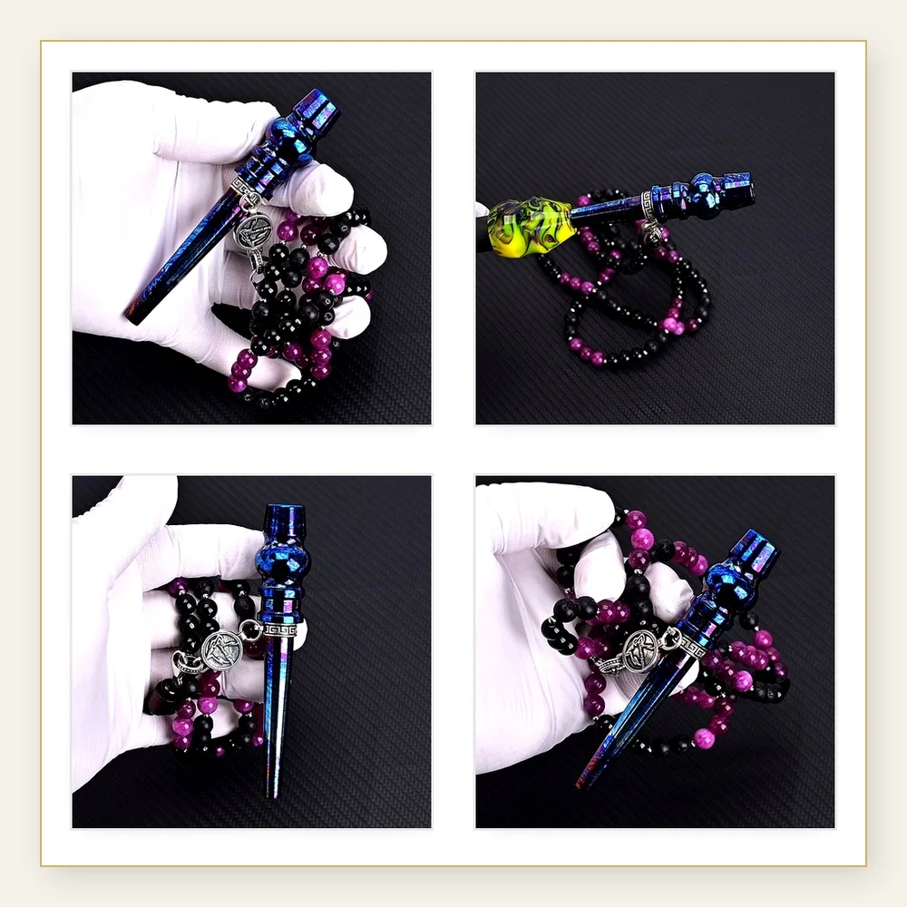 Portable Titanium Alloy Shisha Accessories with Blue Suction Nozzle and Stone Bead Design for Trendy Smoking Experience
