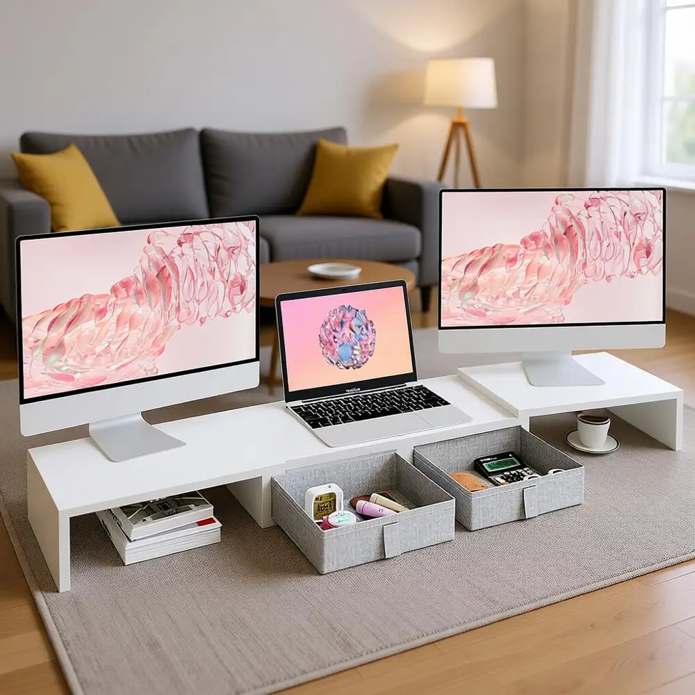 Adjustable Dual Monitor Stand - White Desk Organizer with Storage for Large Computers, Monitors, or Laptops
