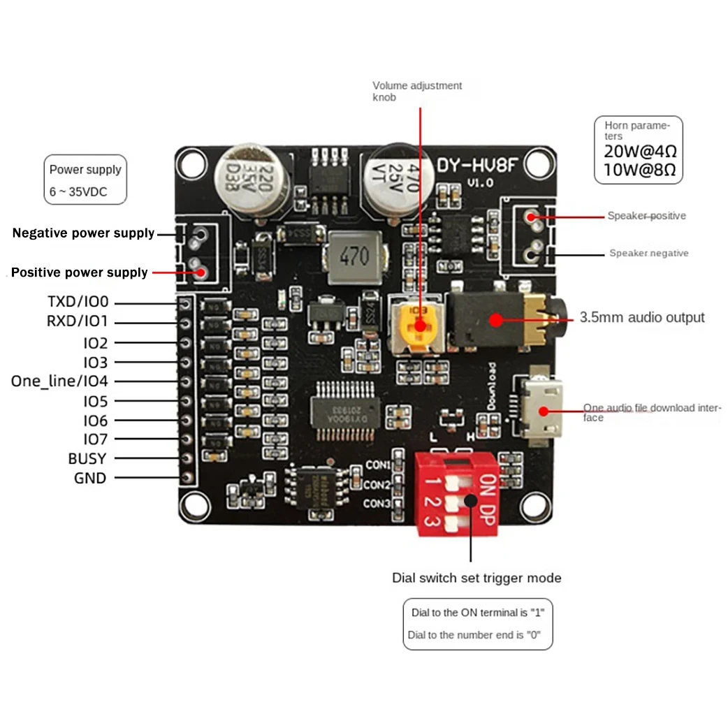 DY-HV8F Moduł odtwarzania głosu 12V/24V Wyzwalacz Sterowanie portem szeregowym 10W/20W z pamięcią flash 8MB Odtwarzacz MP3 dla Arduino