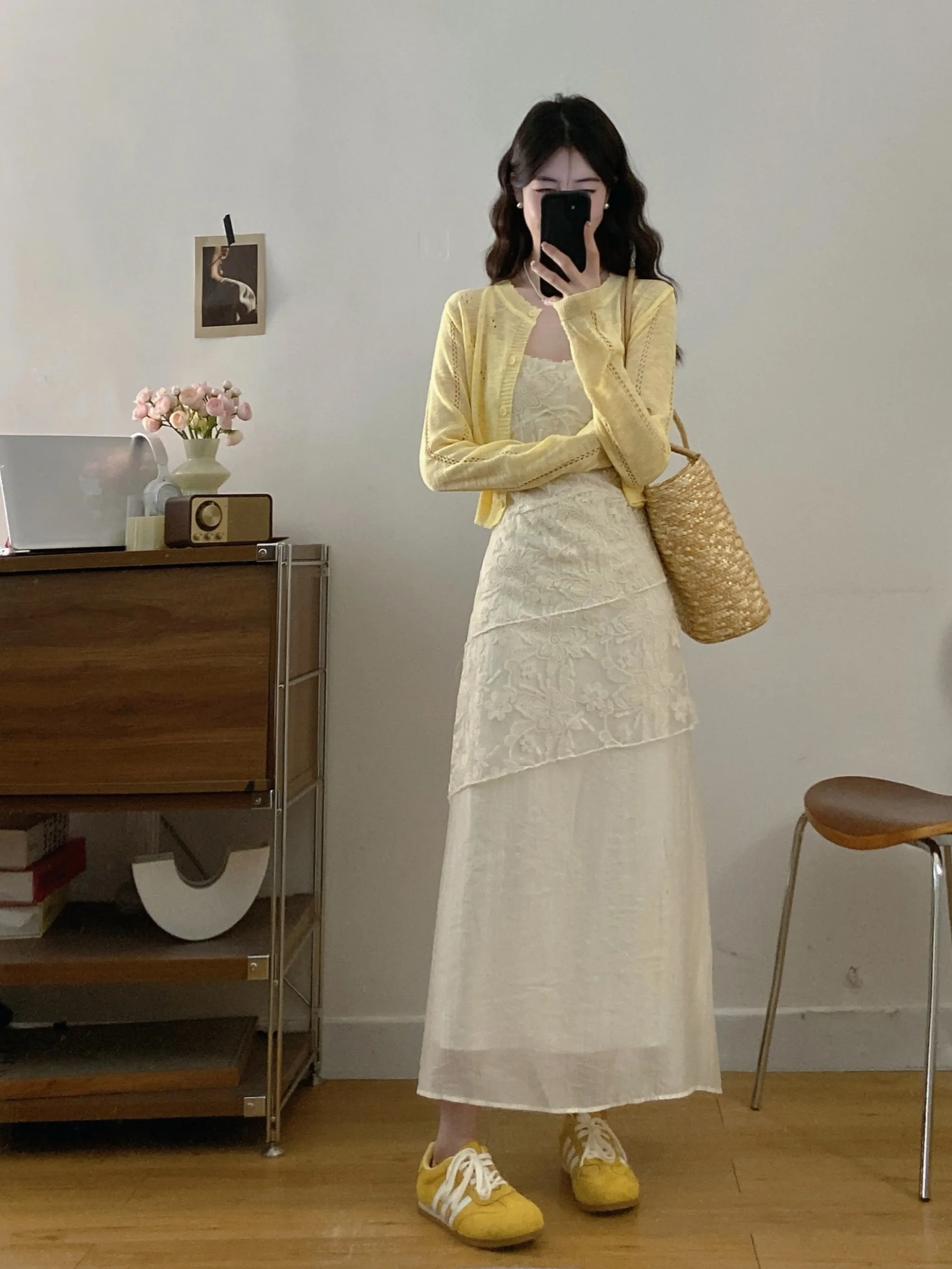 

plus Size Summer New Gentle Lace V-Neck Strap Dress Knitted Cardigan Set Women's Casual Style High Waist Breathable Fashion Set
