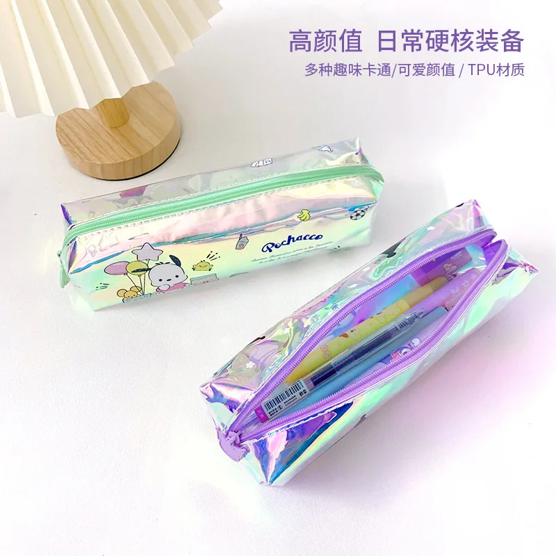 Anime Kuromi Cinnamonroll Melody Laser Cartoon Kawaii Students Capacity Pen Bag TPU Single Layer Waterproof Transparent Pen Case