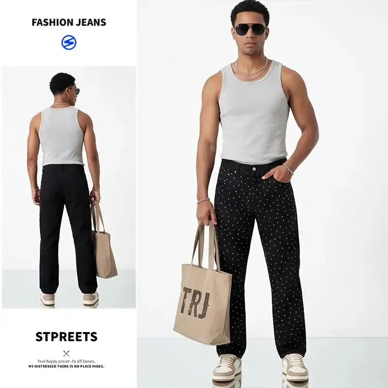 

2026 NEW Men's Black Jeans with Gemstone Decoration, High Waist, Loose Style, Streetwear, Y2K Vintage Hip Hop Party Wear, Casual