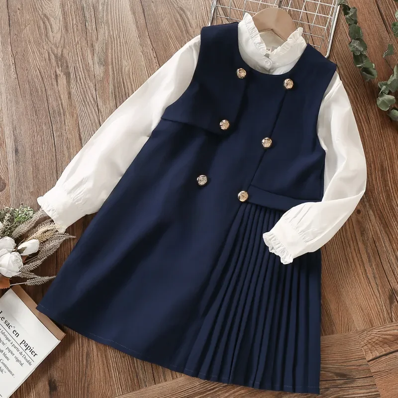 

School Uniform Preppy Girls Clothes for Teenagers Baby Elegant Dress Shirt 2Pcs Spring Autumn Children Costumes 8 10 12 13 Years