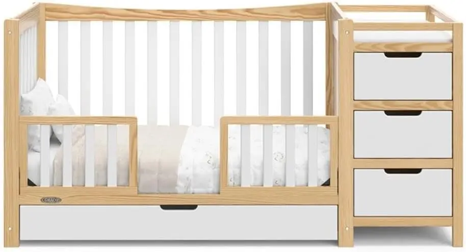 Berço e trocador conversível de madeira 4 em 1 em branco/natural