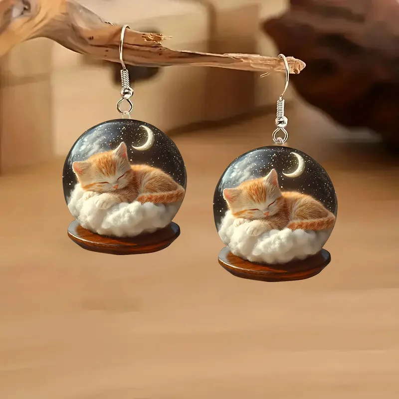 1 pair of Bohemian acrylic dream kitten earrings in the moonlight, suitable for men and women's daily/party wear in all seasons