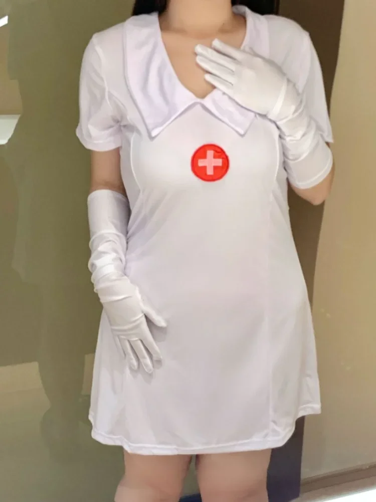 Plus Size Hollow Back Nurse White Dress Cosplay Lingerie Women's Halloween Anime Nurse Uniform with Gloves Night Club Outfits