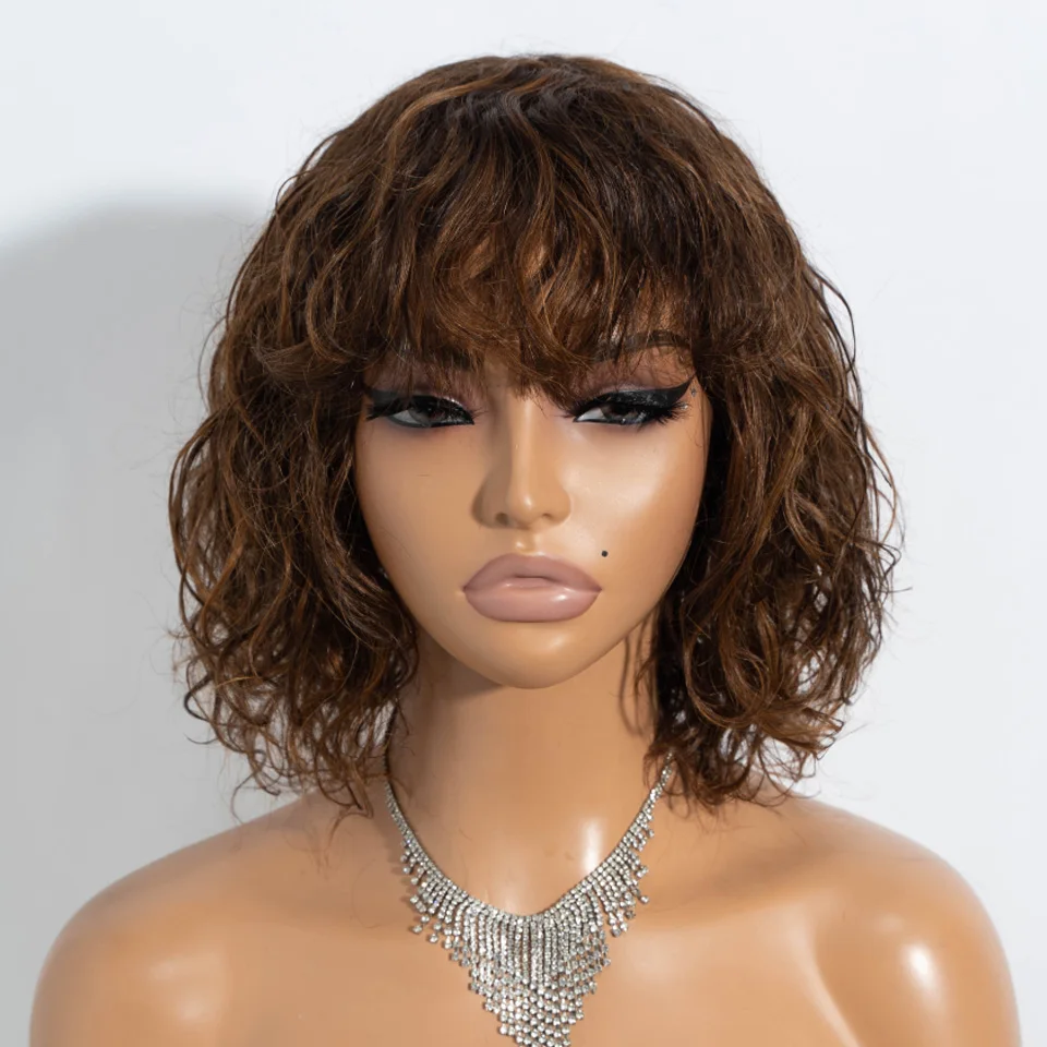 

RebeccaQ P4/30 Short Curly Human Hair Wig Cute Bob Wig Wear and Go Glueless Wigs Brazilian Remy Hair Water Wave Natural Looking