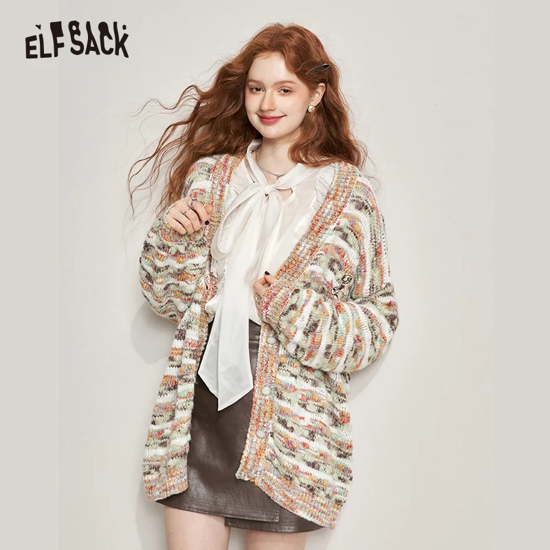 

ELFSACK Knitwears Outerwears Woman 2023 Autumn Colorful Long Sleeve Casual Outwears