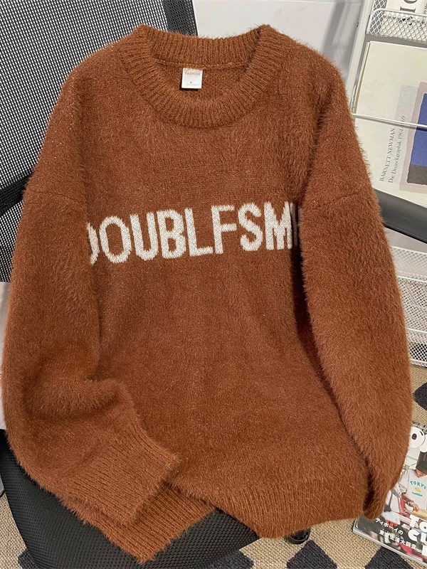 

Loose Men's Knitted Sweater Letter Print Casual Sle Winter Faion Brand American Retro Embroidery High-End Feeling Long Sl...