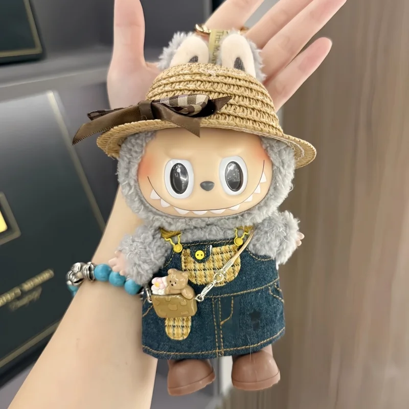 

Hot Sale For 15cm/17cm Labubu Clothes Denim Carrier Dress Straw Hat Doll Clothes Bag Outfits Accessories Gifts In Stock No Doll