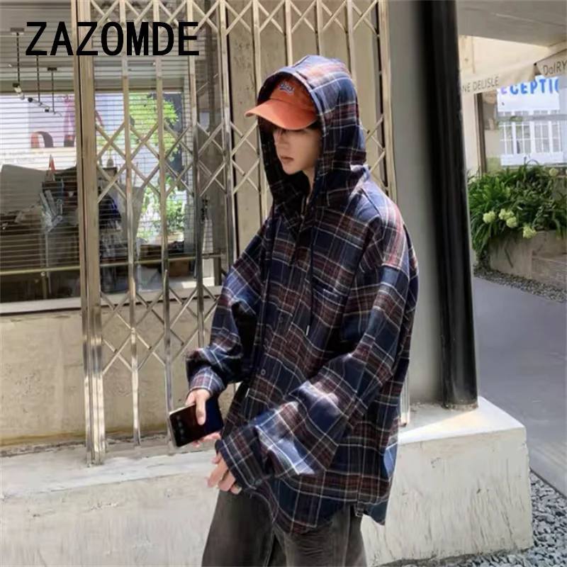 ZAZOMDE Plaid Shirt Jacket Brands American Retro Long Sleeves Shirt High Street Coat Men  Functional Long Sleeve Hoodie Shirts