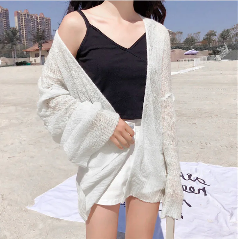 Summer Knitted Cardigan Cardigan lazy loose Hollow soild color long-sleeved air-conditioned shirt Cropped Cardigan