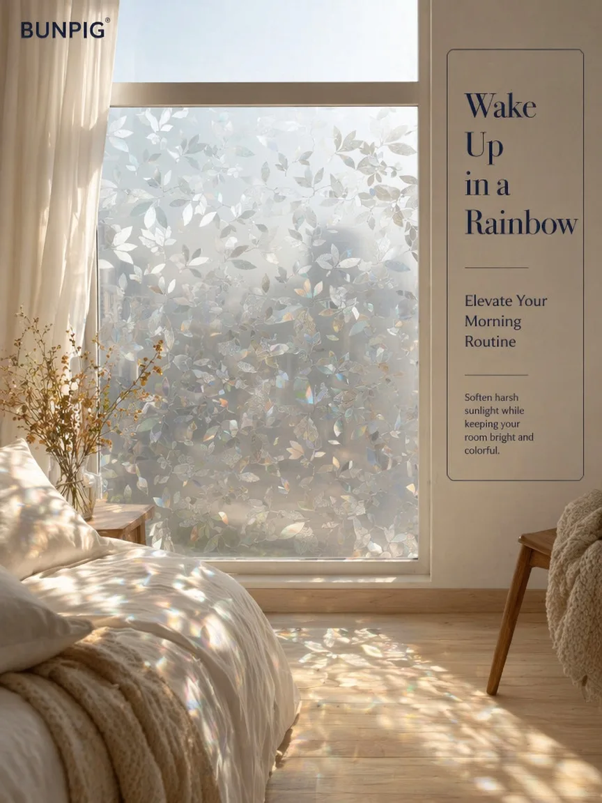 BUNPIG Photochromic 3D Leaf Rainbow Privacy Window Film Static Cling No Glue UV Block Heat Control for Home Office Glass Door