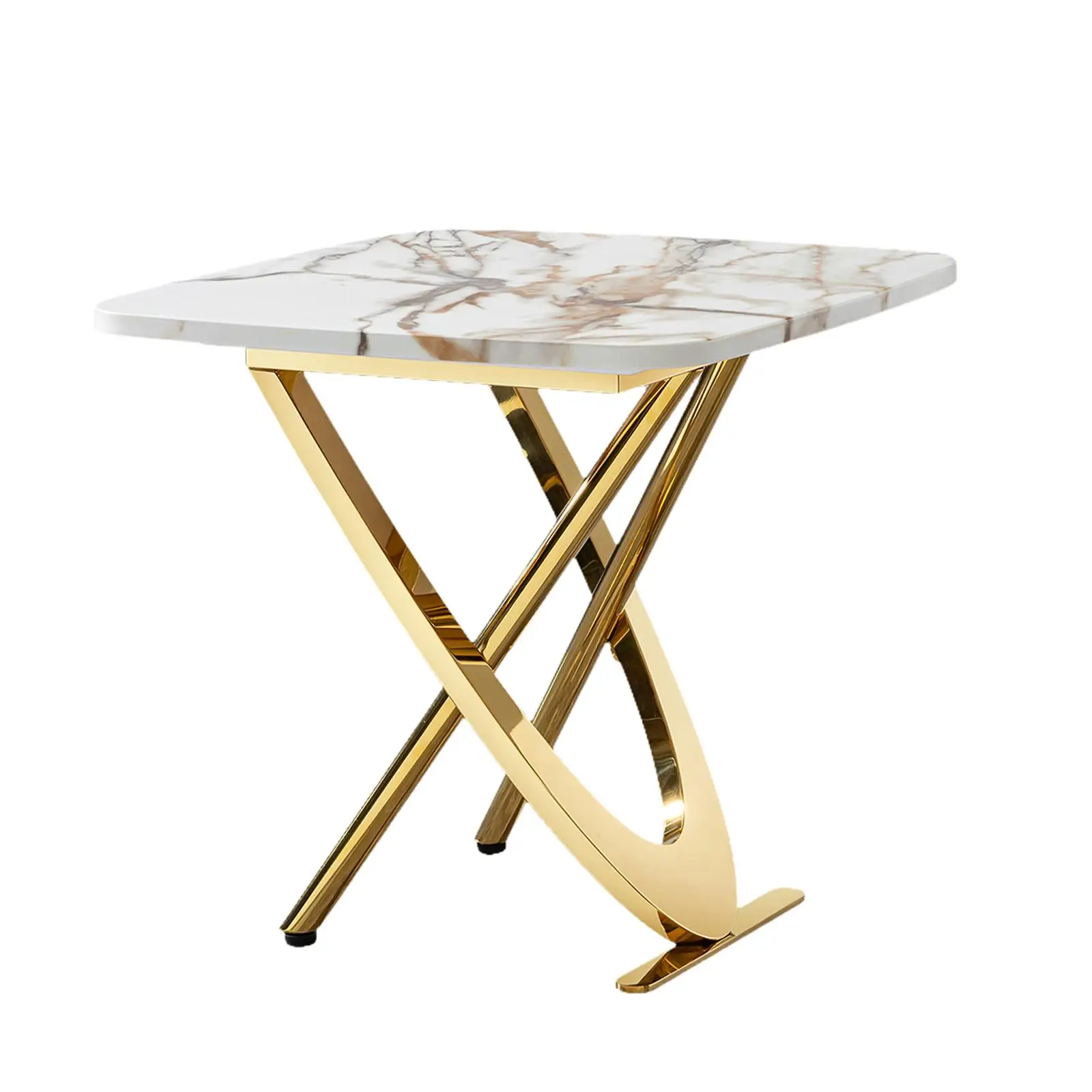 Mesa lateral superior de MDF com padrão de mármore, formato quadrado, base de aço inoxidável dourado