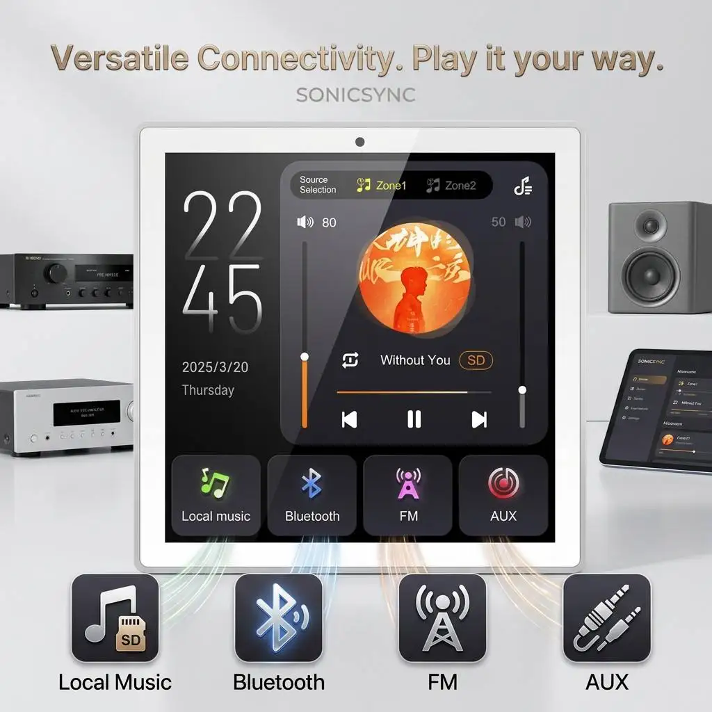 Modern Smart Home Background Music System Two-Zone Audio Amplifier with LCD Touch Screen for 86X Wall Mounted Audio Kit