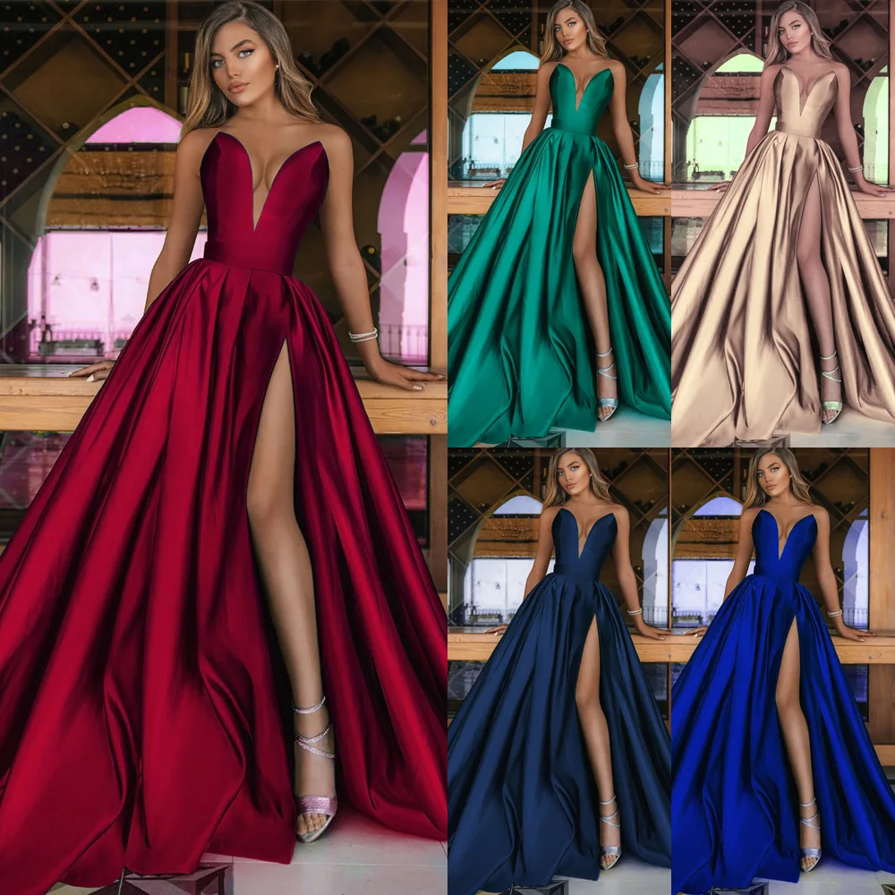 

MK1651-Sexy Deep V Slit Dress Solid Color Swing Dress