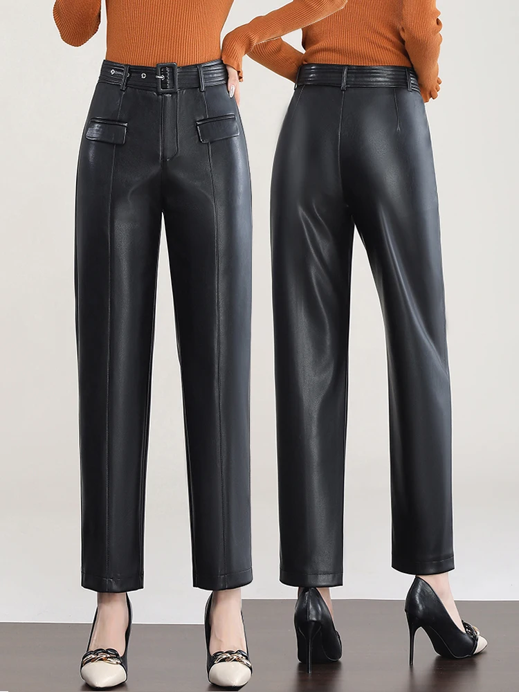 

Женские прямые девятидюймовые кожаные брюки с высокой талией, осенние и зимние тонкие повседневные брюки-трубы для поездок на работу