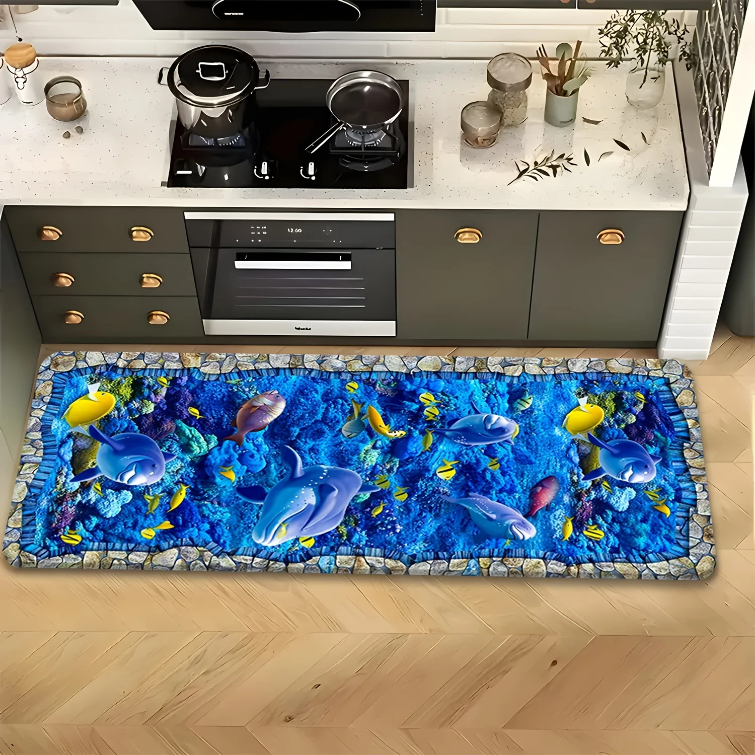 Stone Border Tropical Fish Coral Runner Mat Anti Slip Absorbent Rug Bright Undersea Ocean Print Carpet for Laundry Kitchen Room