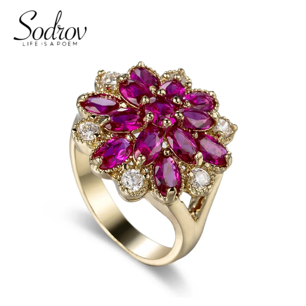 SODROV Gold Plated Rose Red Color Zircon Big Flower Shape Jewelry Engagement Wedding Rings for Women