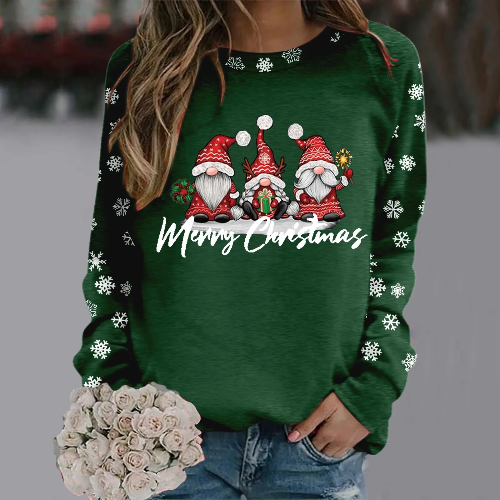 2024 Autumn Pullover Tops Christmas Snowflake Letter Print Gnome Graphic Casual Women\'s Clothes Long Sleece Crewnecek Sweatshirt