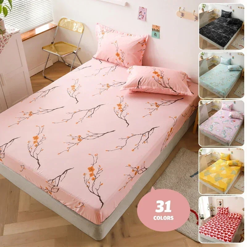 Polyester Fashion Print Fitted Sheet with Elastic Band Non Slip Mattress Cover Pillowcase for Single Double Bed 90/120/150/180cm