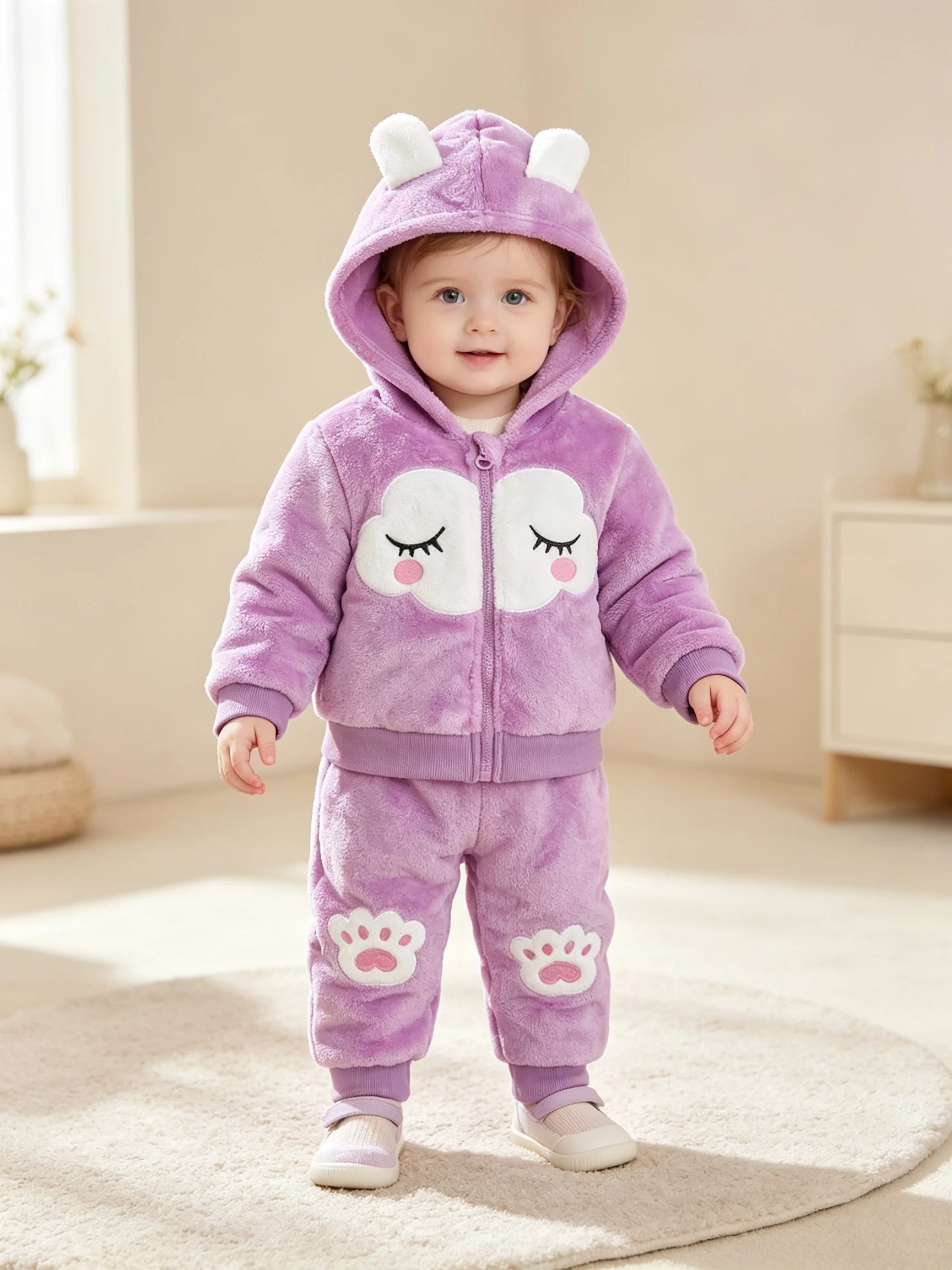 Girls Autumn Winter Flannel Two-Piece Set with 3D Ear Hooded Zipper Jacket And Claw Print Patch Long Pants for Babies