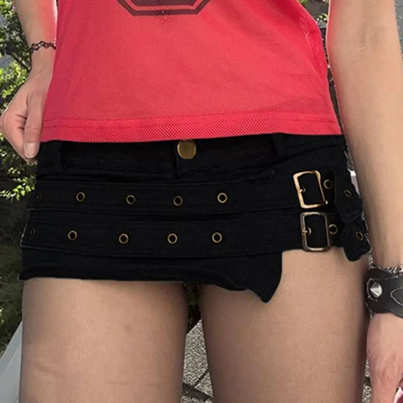 American new dark style belt design low-waisted shorts for women fashion personality trendy retro hip-hop slim shorts