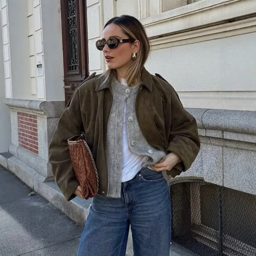 

Women's Jacket Fashion Suede Textured Pilot Jacket Turn Down Collar Full Sleeve Zippered Tops Casual Streetwear