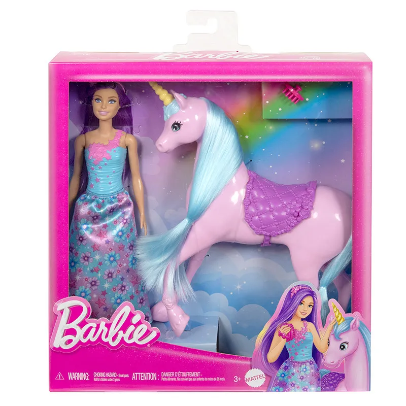 Poupée Barbie aux cheveux violets et ensemble de jeu licorne rose, jouet de simulation pour petites filles, cadeau idéal pour anniversaire ou vacances