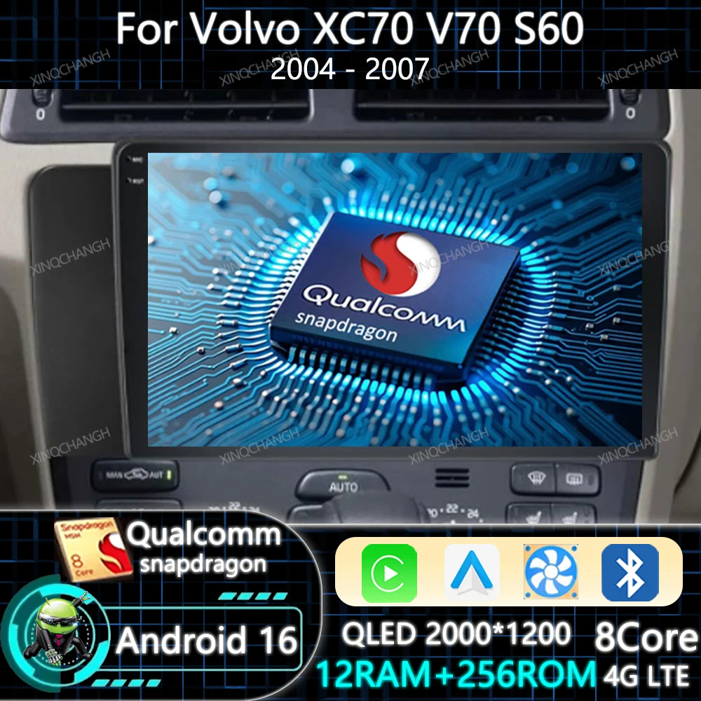 Android 16 Car Radio Carplay Auto For Volvo XC70 V70 S60 2004 - 2007 Head Unit 4G WIFI 2DIN GPS Qualcomm QLED BT Navigation BT