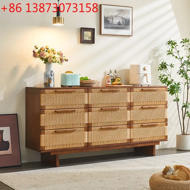 Wabi Sandy Wind Solid Wood Rattan Walnut Drawer Storage Storage Cabinet