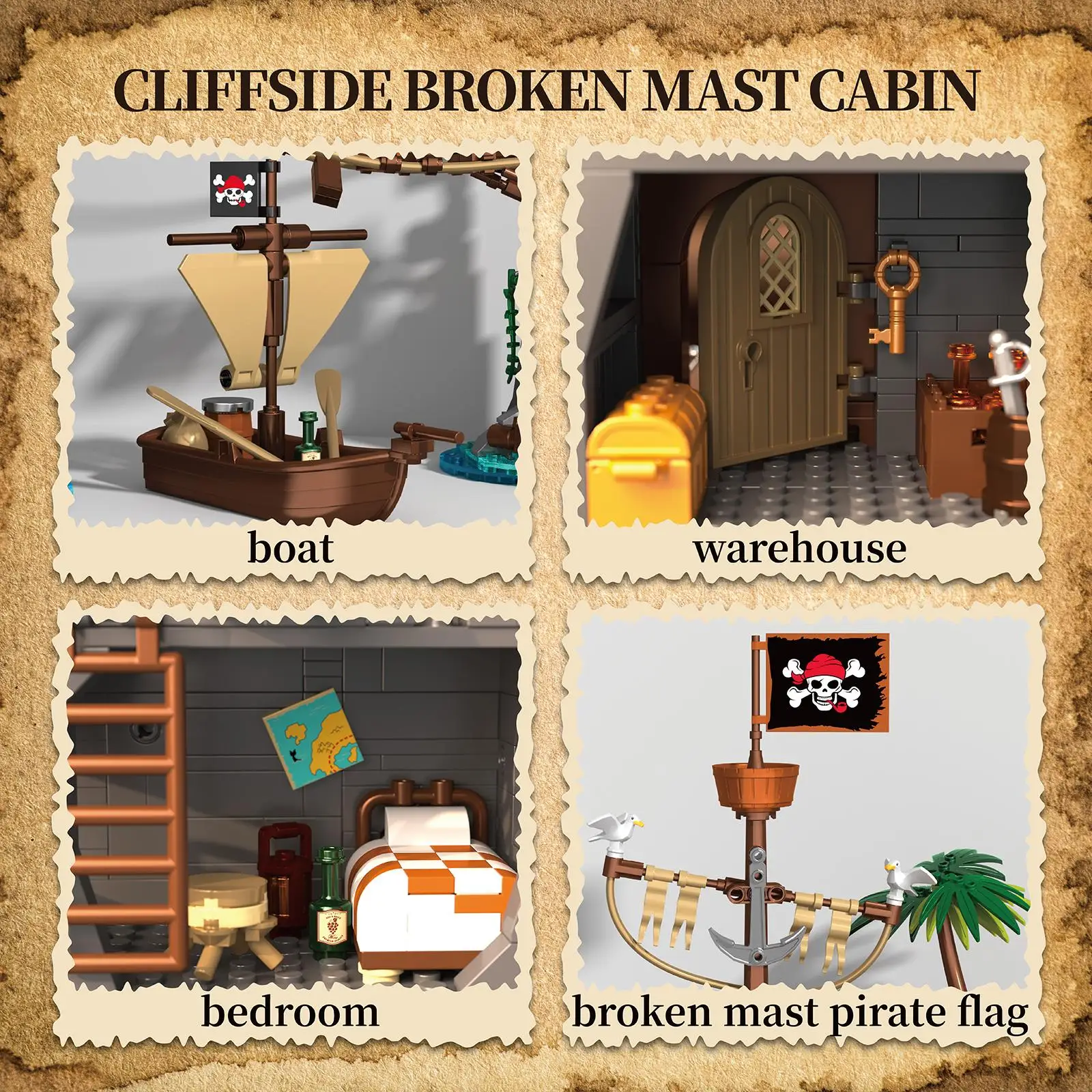 Pirate Cliffside Hideout Collectible Building Blocks Set - 1044-Piece ABS Plastic Cabin & Suspension Bridge STEM Block Kit, 14+ DIY Assembly Kit with Bricks & Parts for Enthusiasts, STEM Fun Toy
