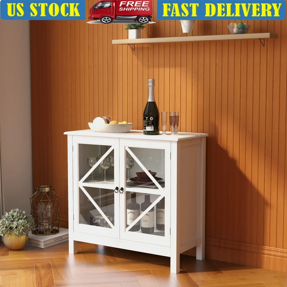 

Elegant Sideboard Cabinet Storage Buffet with Diamond Glass Doors Antique Handles Versatile Home Display Furniture Easy Assembly