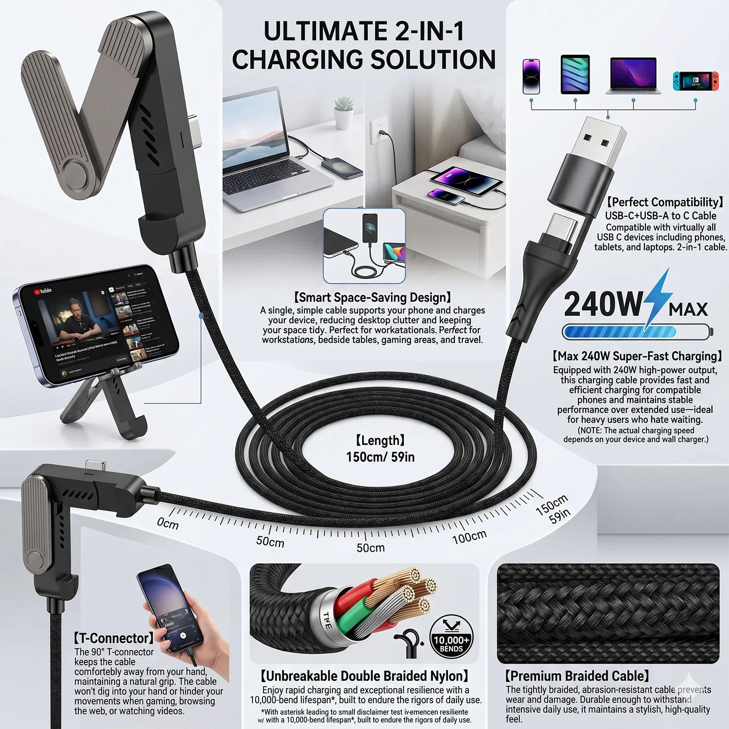 2 in 1 USB a & Type C to Type C Cable with Rotatable Foldable Phone Holder for iPhone 17 Samsung PD Fast Charging Data Cable