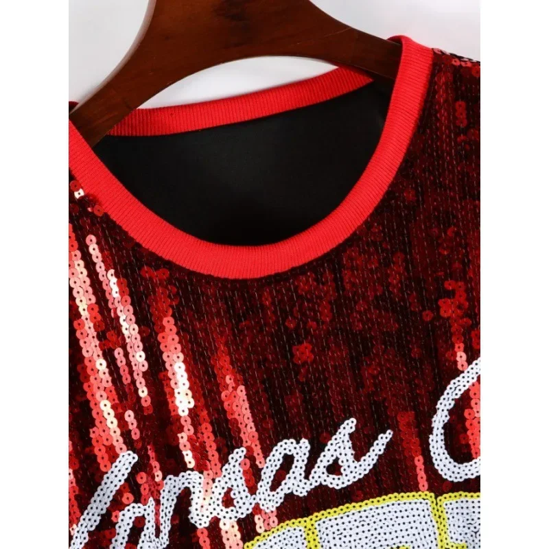 

Женская футболка с пайетками в стиле стритвир 2026 года, летняя, в стиле регби, с красными буквами, с принтом, для командной формы