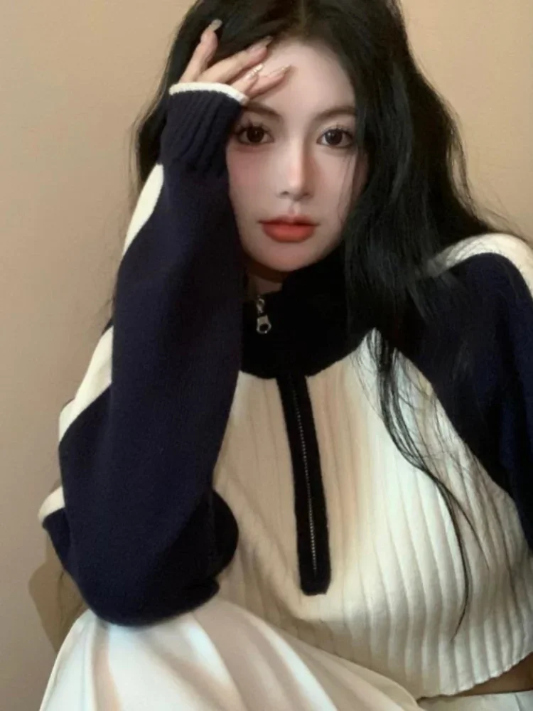 

Y2k Aesthetic Turtleneck Zipper Korean Fashion Femme Chandails Long Sleeve Womans Sweaters Contrast Color Patchwork Crop Tops