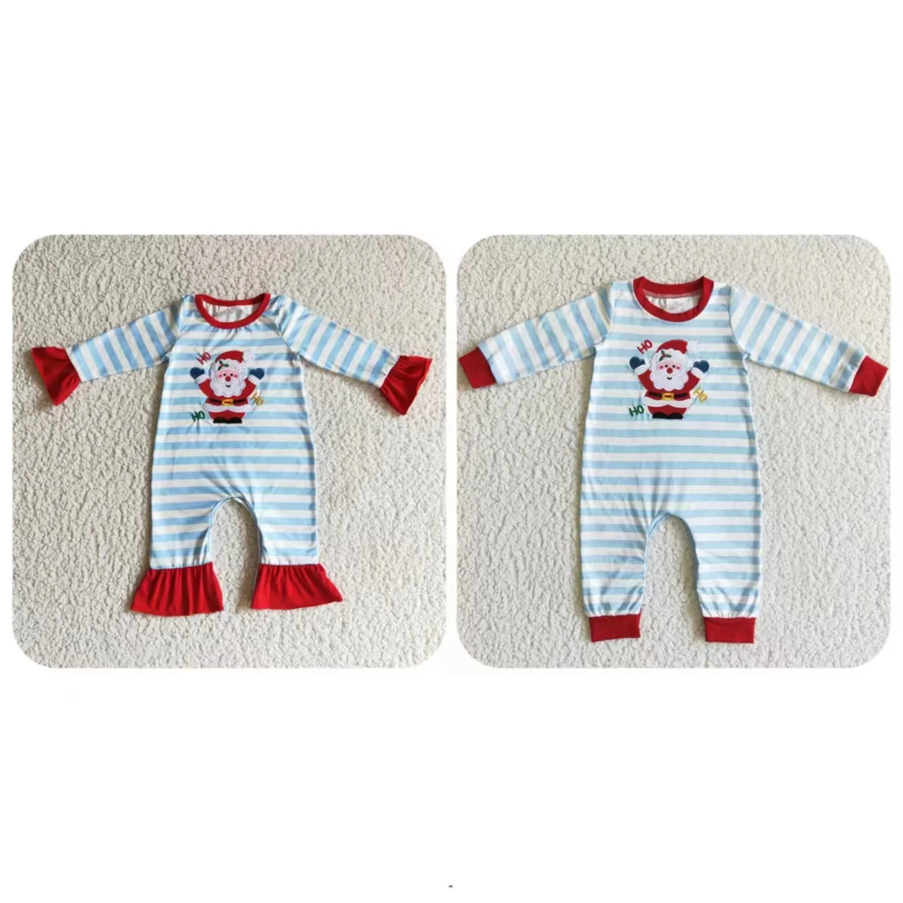 

Wholesale Kids Children Blue Stripes Long Sleeves Infant Christmas Embroidery Santa Boy Girl Jumpsuit Newborn Toddler Romper