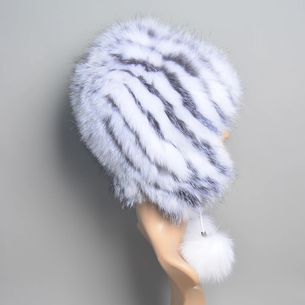 Real Fox Fur Pompom Bomber Hats Russian Female Beanies Natural Raccoon Fur Hat Knitted Skullies Beanies Women's Cap Winter Hats