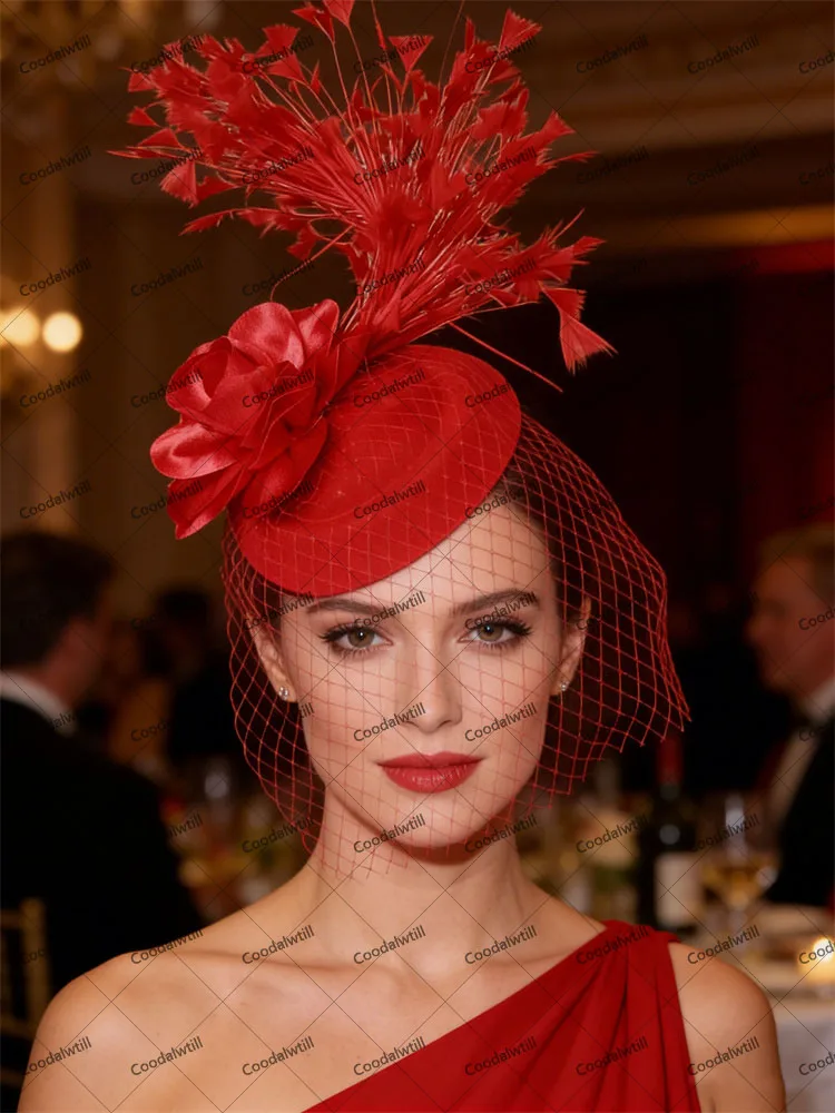 

Mesh Pillbox Red Fascinator Hat Headband Ladies Women Mesh Flower Fascinator For Church Wedding Headwear Women Wedding Headpiece