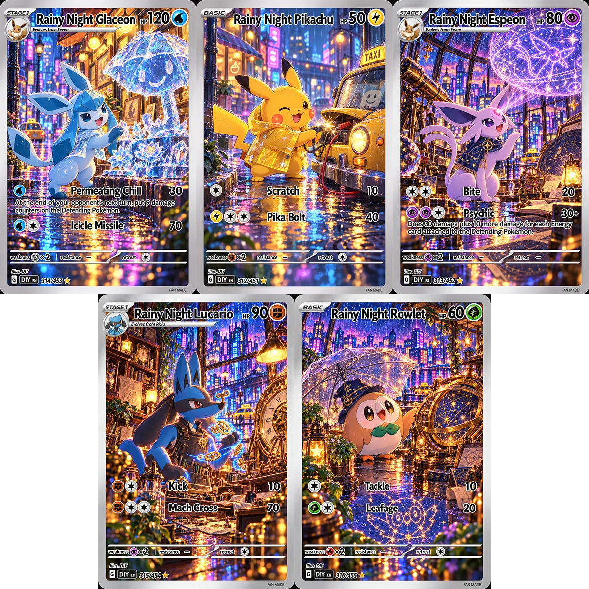 DIY PKM Card PTCG Glaceon Espeon Lucario Rowlet Neon Urban Rainy Scene Holo Foil English DIY Replica Collectible Trading Cards