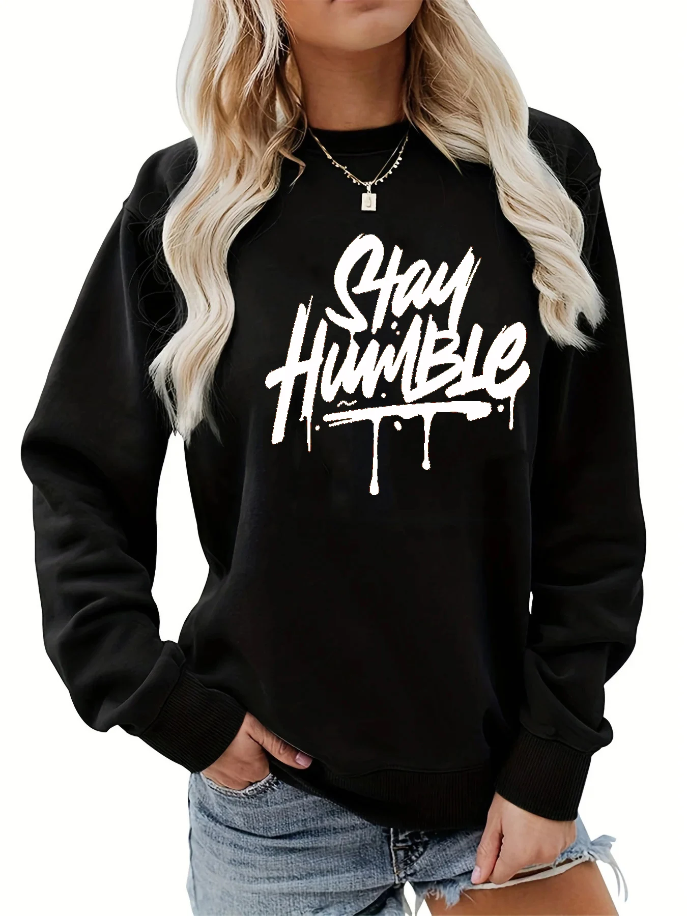 بلوفر نسائي كاجوال للخريف والشتاء فضفاض ومريح ودافئ ومطبوع برقبة دائرية وأكمام طويلة