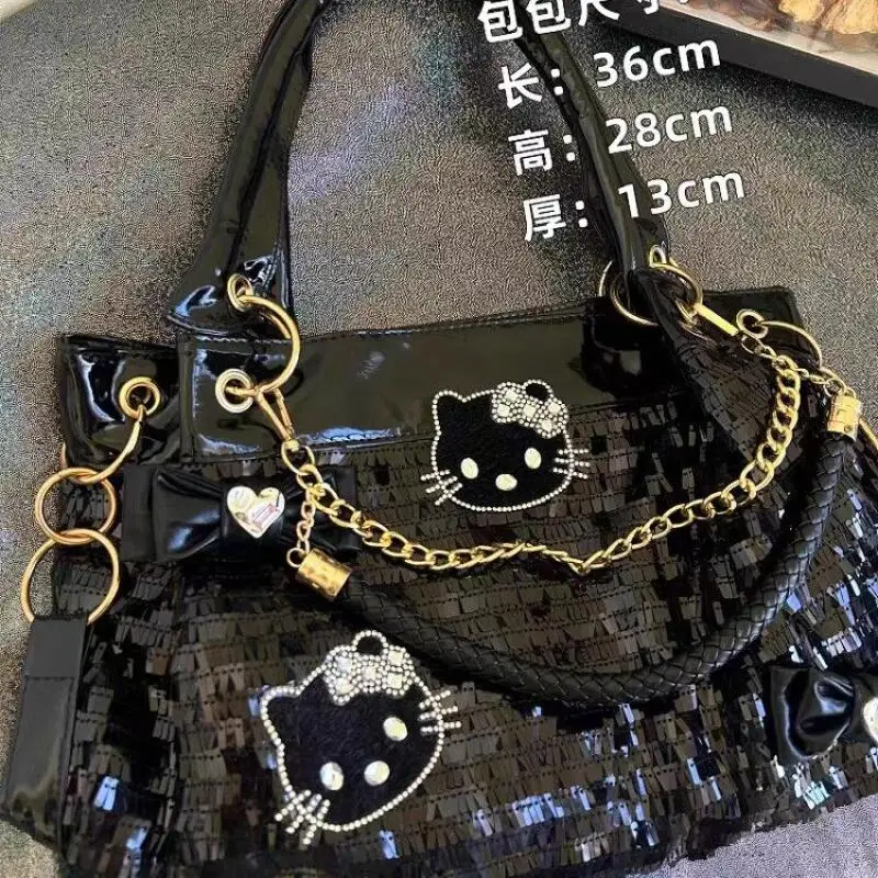 Borsa con paillettes Sanrio di grande capacità Borsa originale Y2K Hello Kitty con fiocco Borsa a tracolla con una spalla per sottocultura di nicchia Sweet Hot Girls