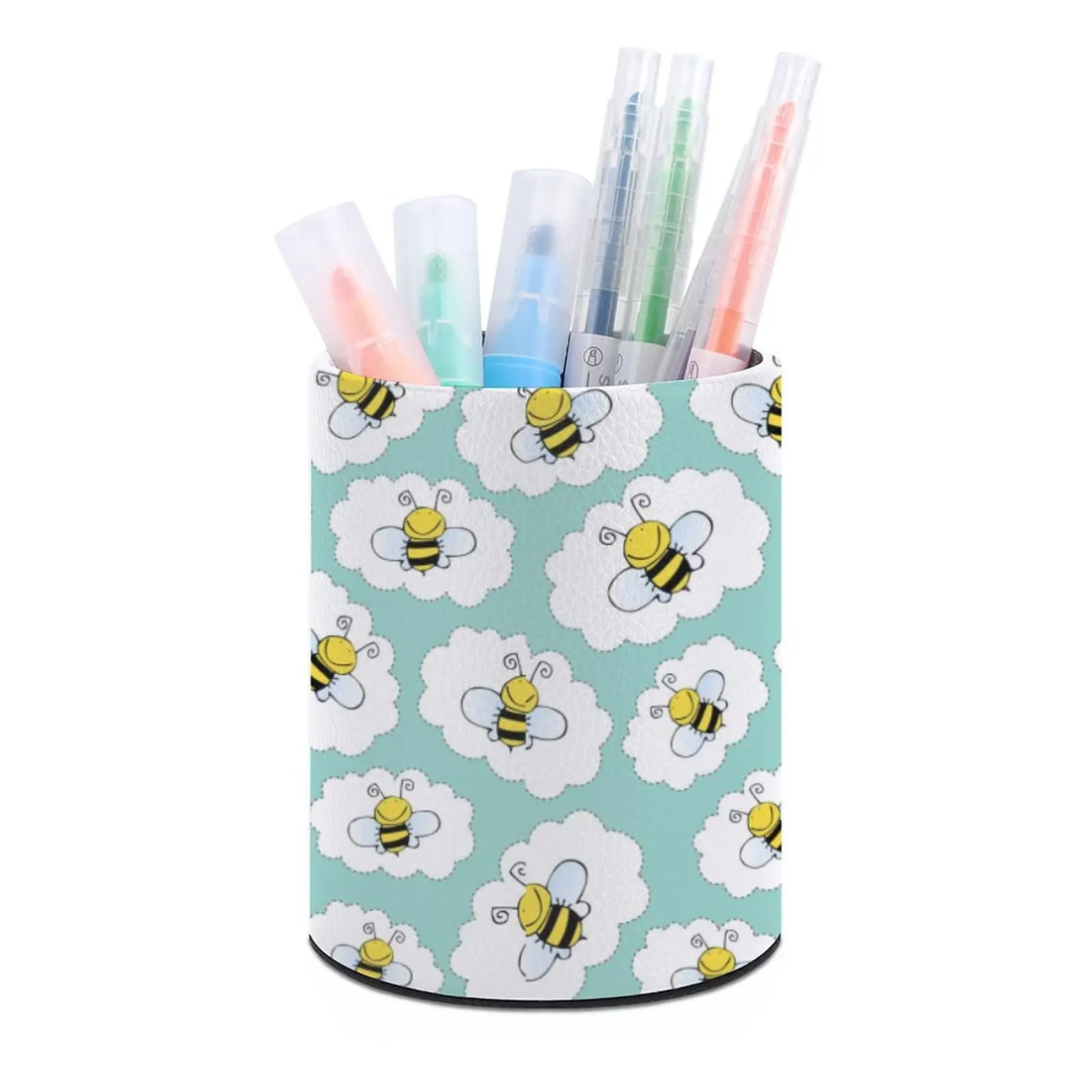 Bees Pattern PU Pencil Pen Holder Stationery Container Desk Organizer Storage Box for Home Office Woman Makeup Brush Holder